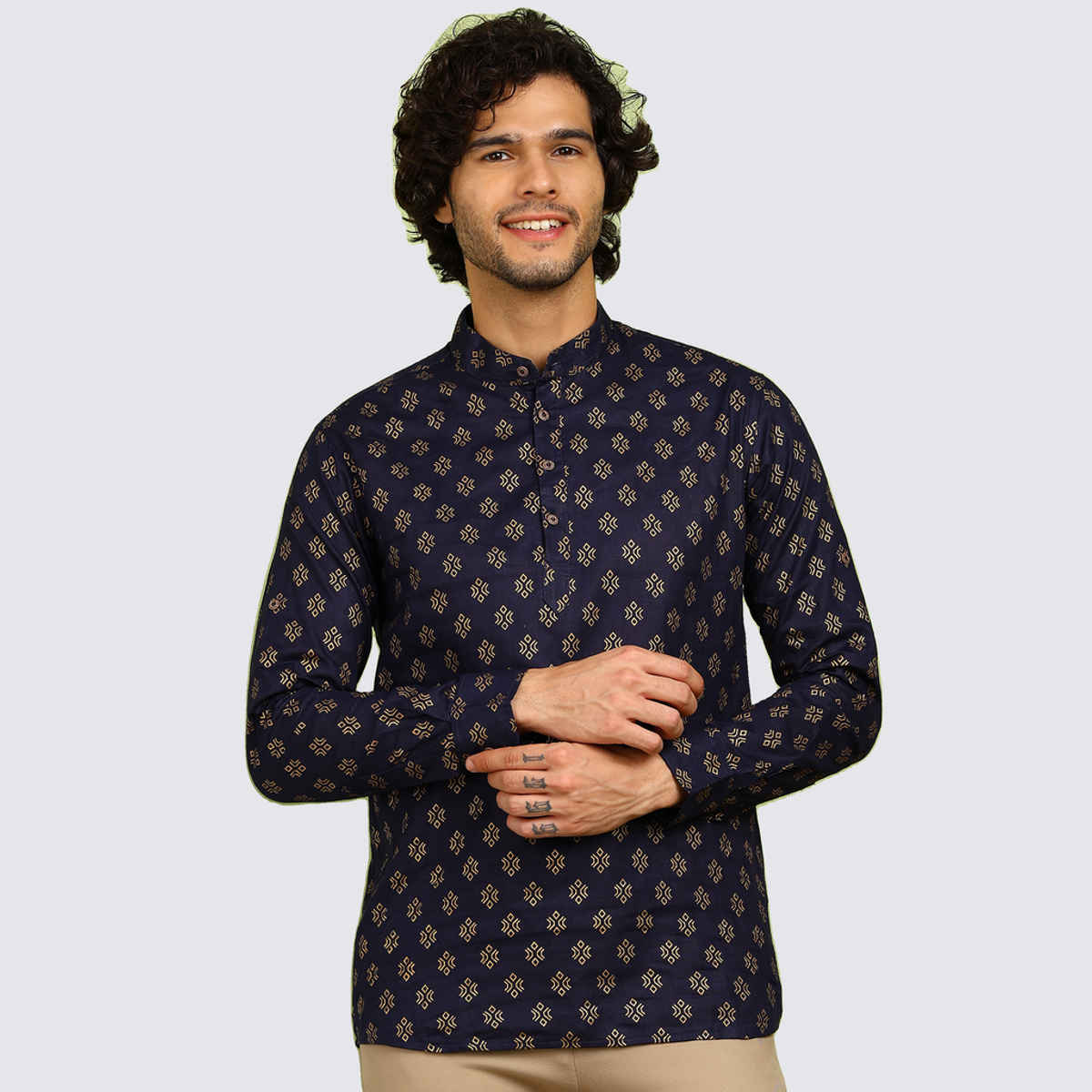 Allan Peter Men's Solid Short Kurta | Blue - L