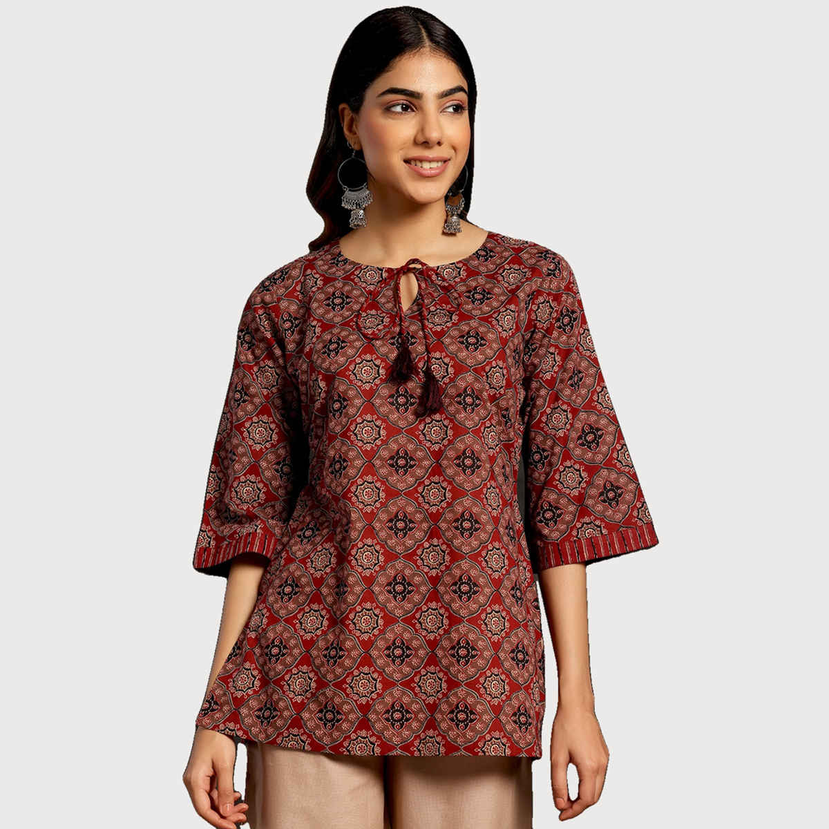 Libas Women Ethnic Motif Maroon Kurti With Flared Sleeves - 26844S