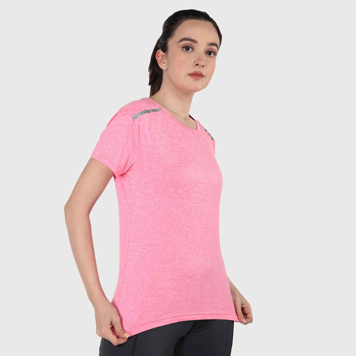 Chkokko Women's Round Neck Dry Fit Gym Sports Regular Fit T-shirt | Spacedye Pink - S