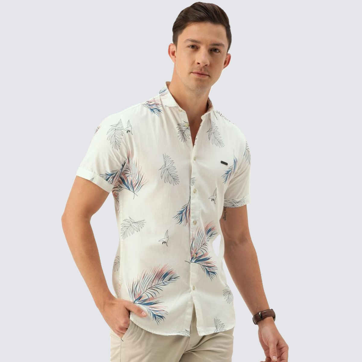 The Indian Garage Co Men's Slim Fit Tropical Printed Casual | White | M