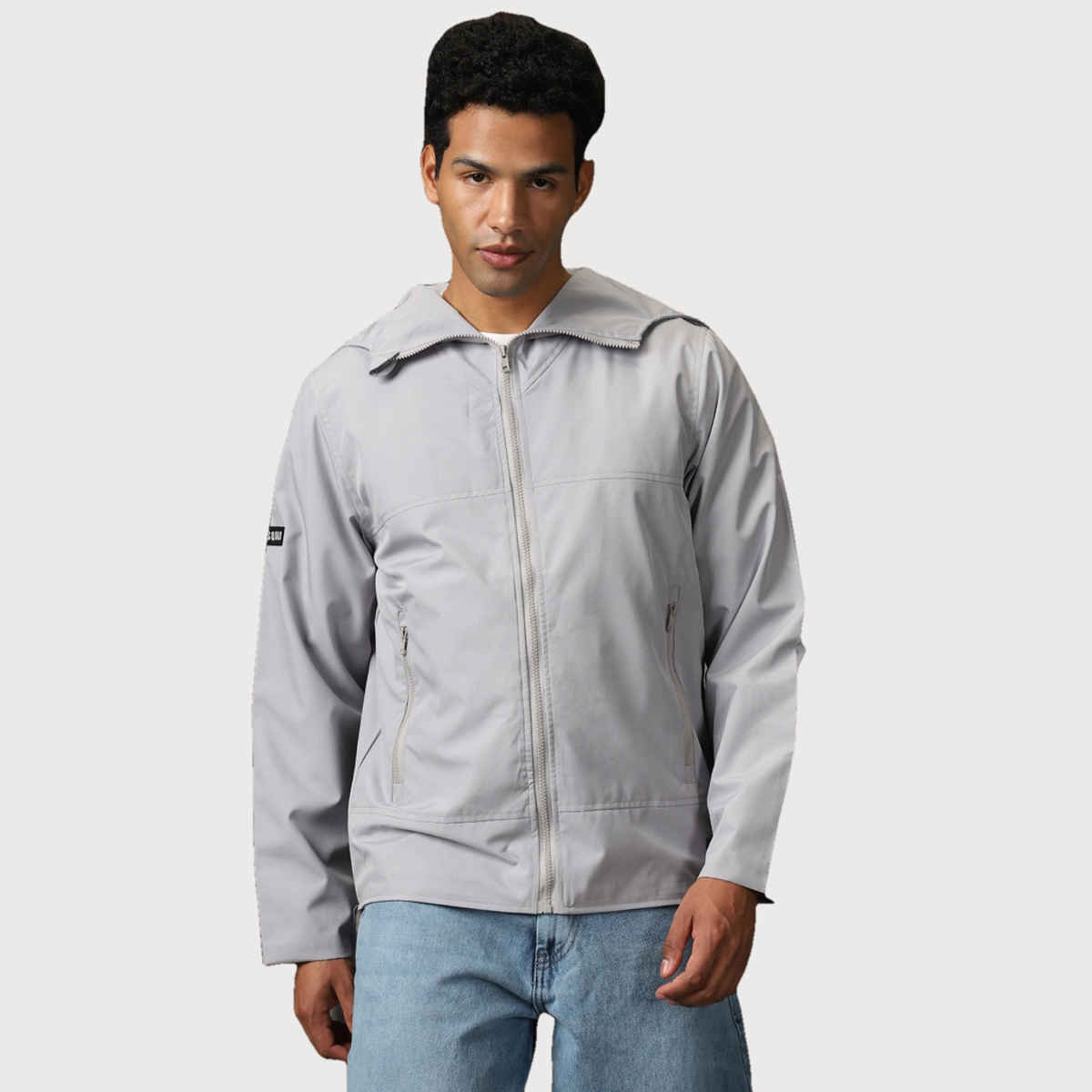 High Star Men's Windcheater Light Winters Hooded Bomber With Badge Detail Jacket | Gray - M