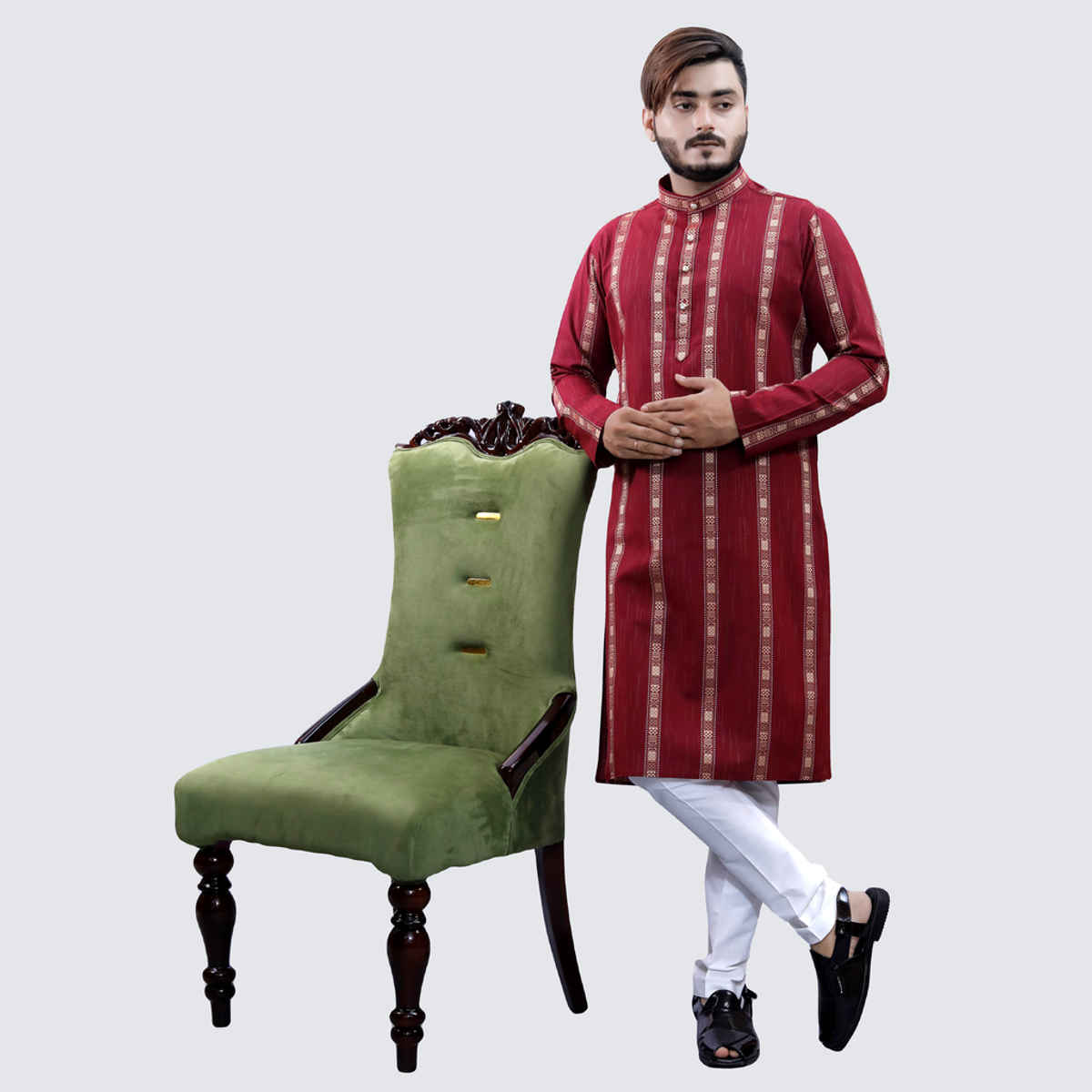 Tibra Collection Men Straight Kurta - Maroon | Striped | Cotton Blend | L