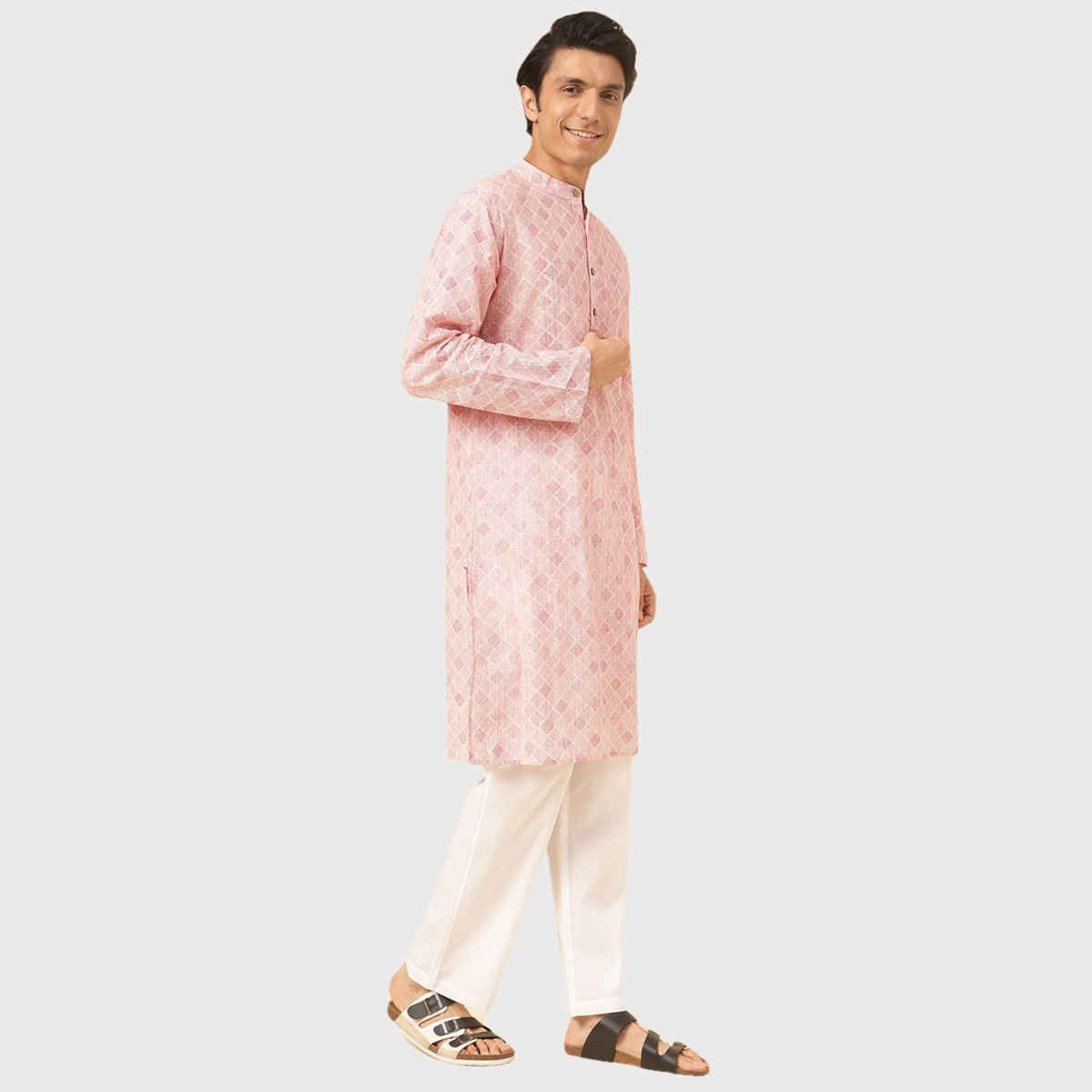 Fabindia Men's Long Kurta Hand Block Printed | Pink - L