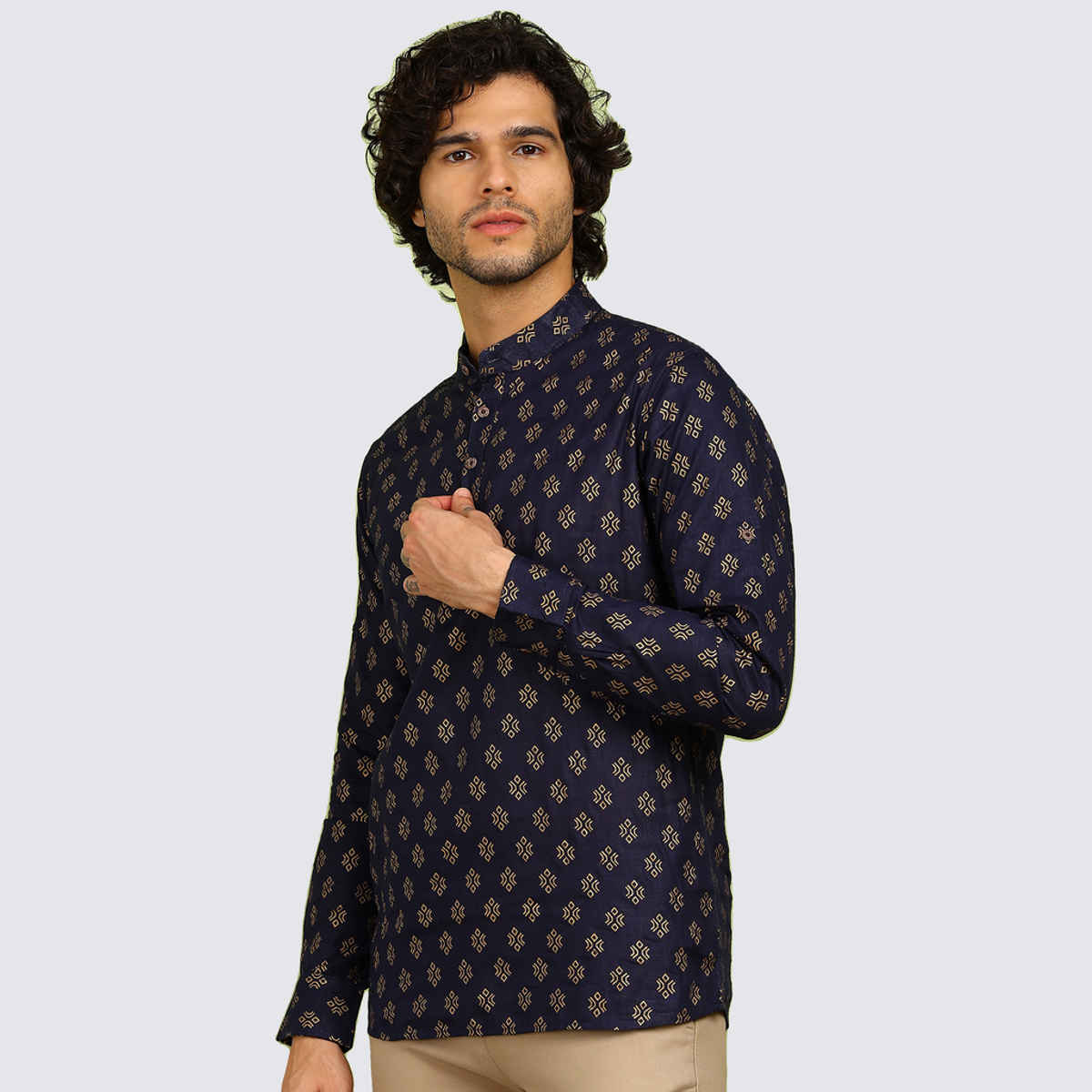 Allan Peter Men's Solid Short Kurta | Blue - L