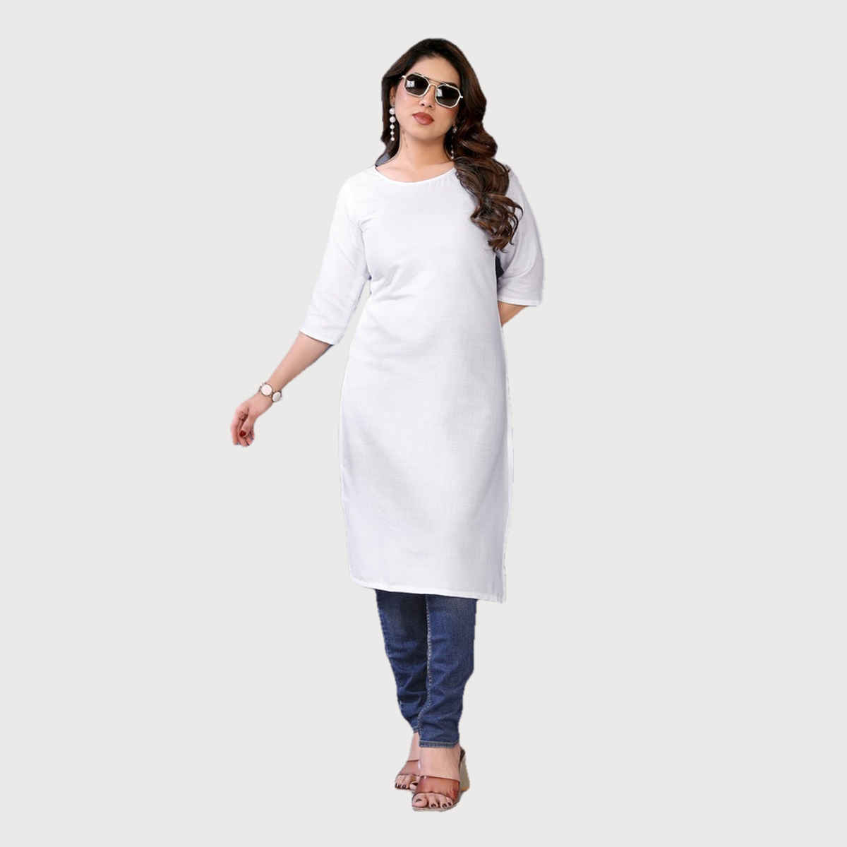 Riglozi White 3/4 Sleeves Cotton Made White Long Round Neck Regular wear Kurti for Women | S