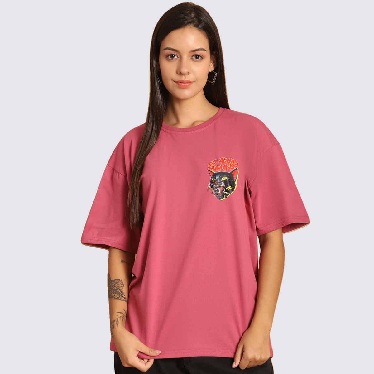 Fabflee Women Oversize Cotton Printed Round Neck Tshirt | Pink | FAB-OS-502 | M