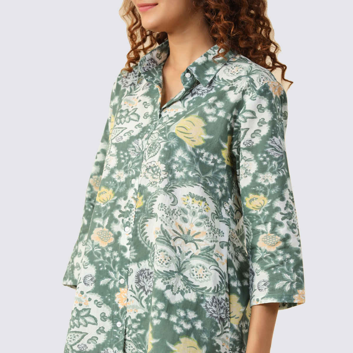 Sanskrutihomes Floral Printed Pure Cotton Night Suit | Green - White | XL