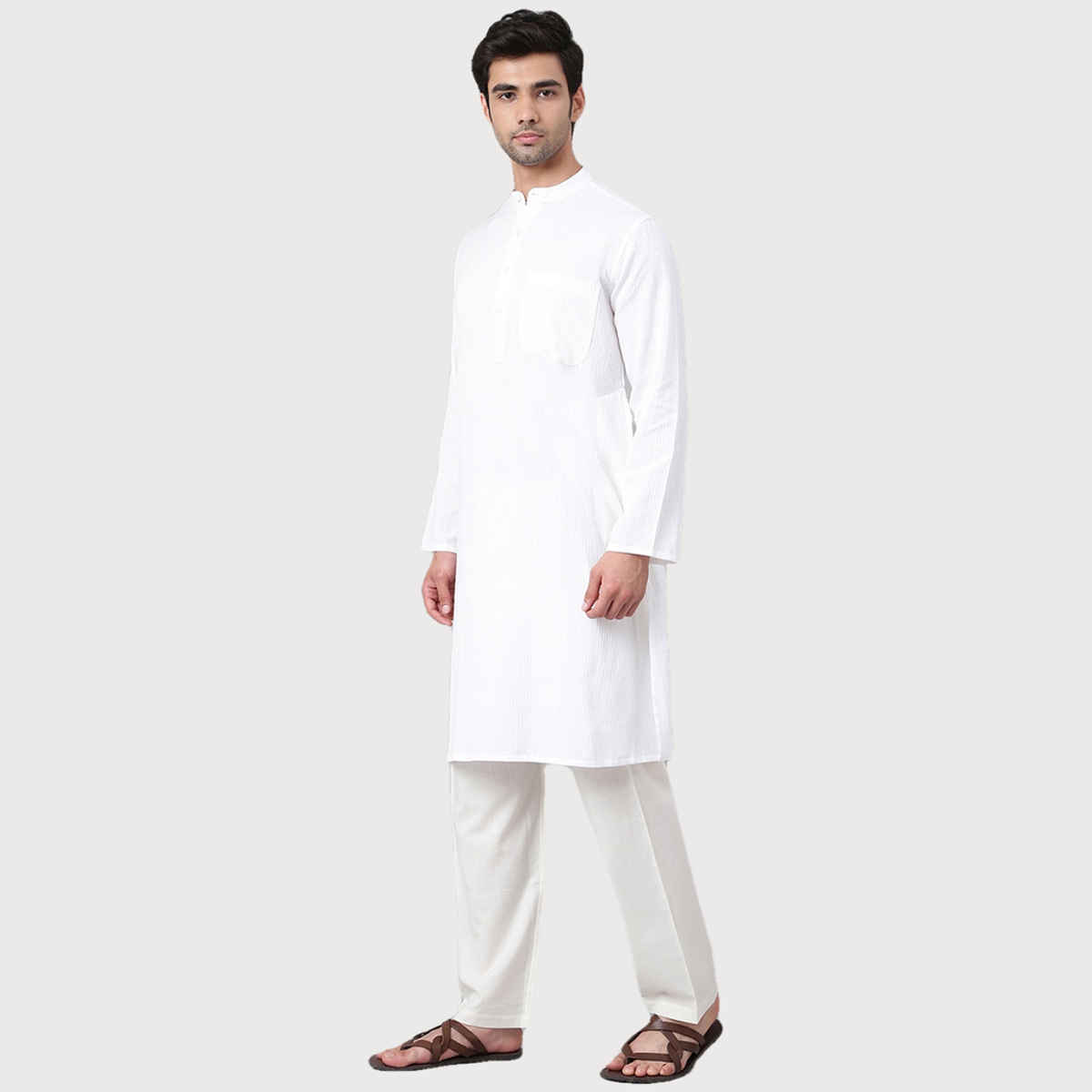 Fabindia Men's Long Kurta Dobby | White - XS