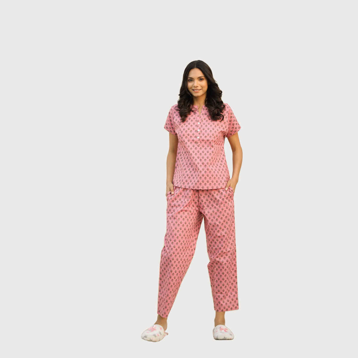Sanskrutihomes Women Printed Pure Cotton Night Suit | Pink | S