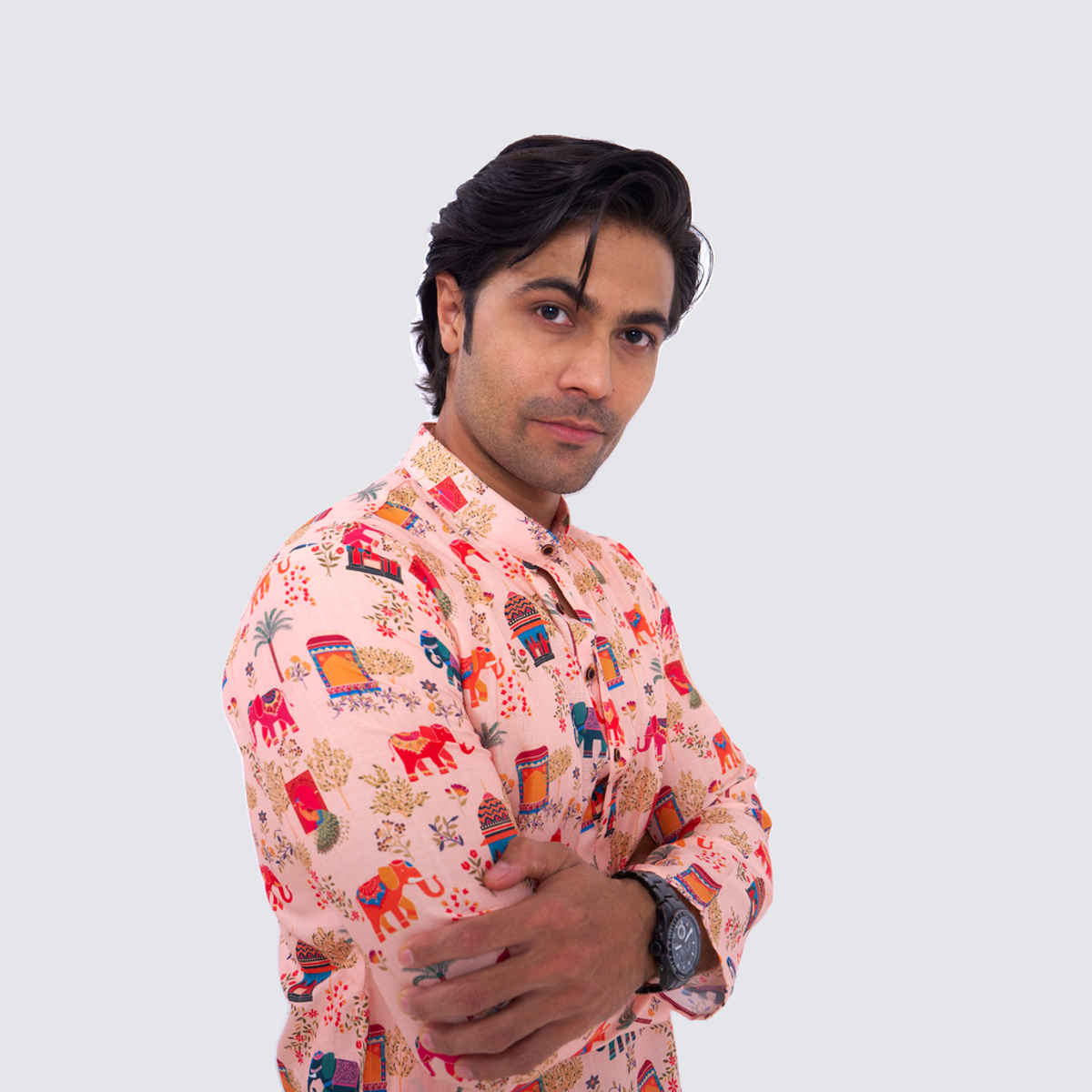 House Of Festivals Men's Printed Cotton Blend Ethnic Design Long Kurta | Multicolor - M