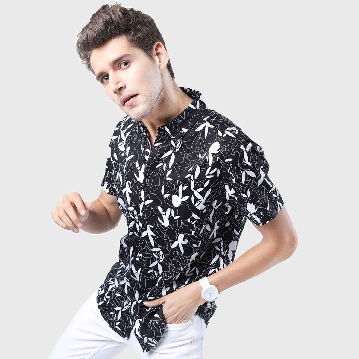 Ketch Mens Printed Casual Slim Fit Shirt | Black/White - L