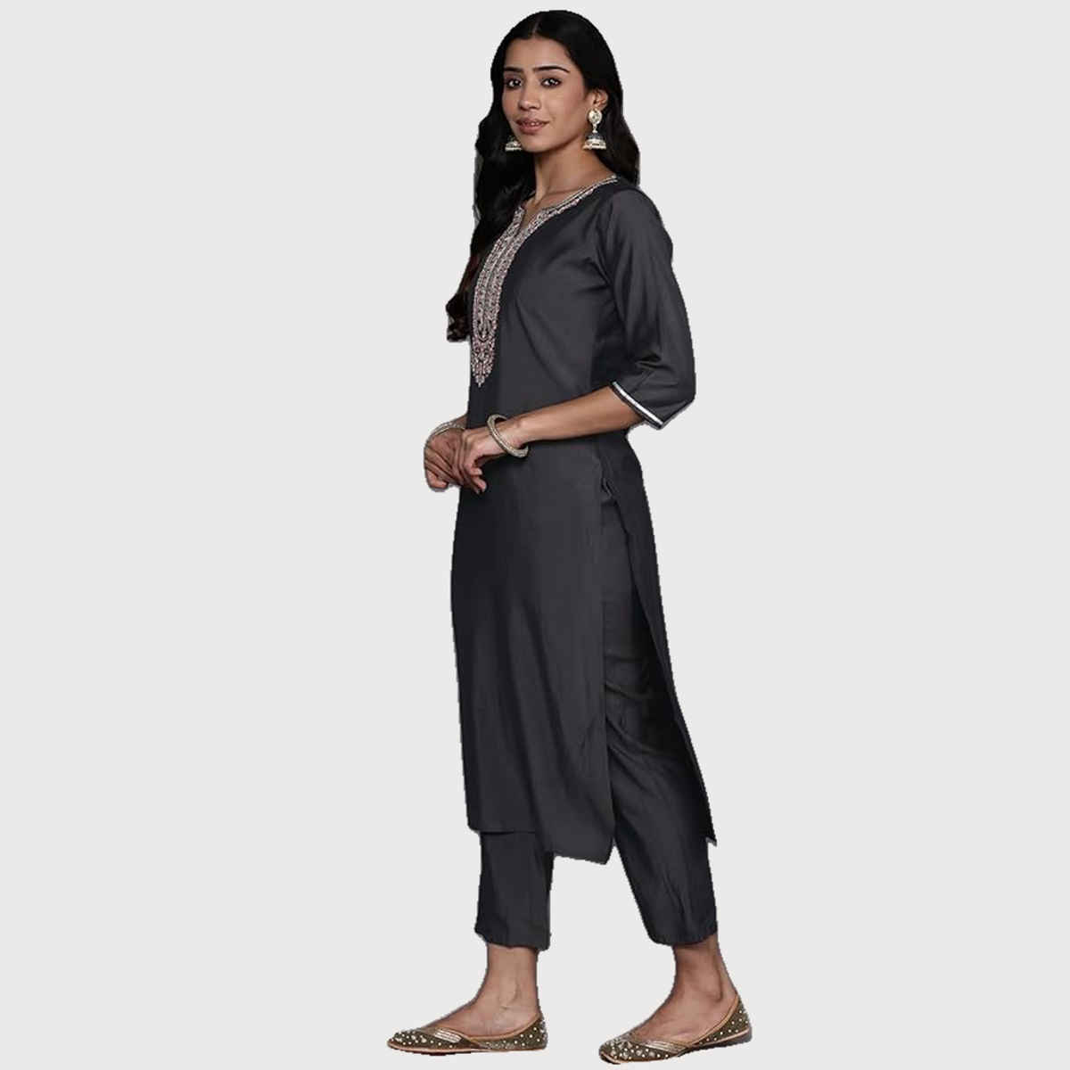Libas Women Grey Silk Straight Kurta With Grey Silk Blend Trouser And Silk Blend Dupatta - 35163L