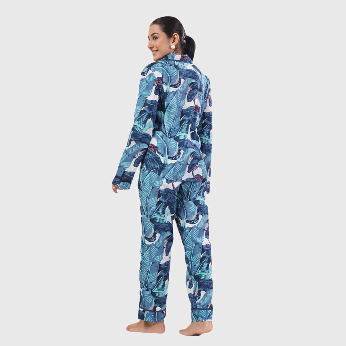 Sanskrutihomes Women Tropical Printed Pure Cotton Blue Night Suit SE-NSP-565 | L