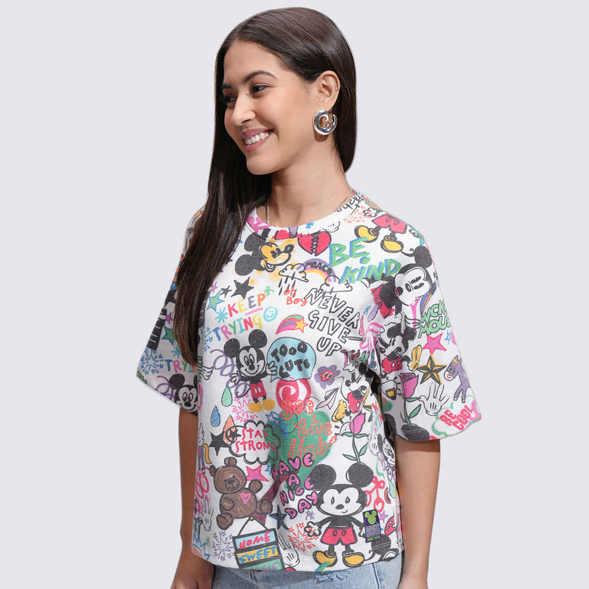 Tokyo Talkies Disney Women's Mickey Mouse Printed Relaxed Fit T-shirt | White - L