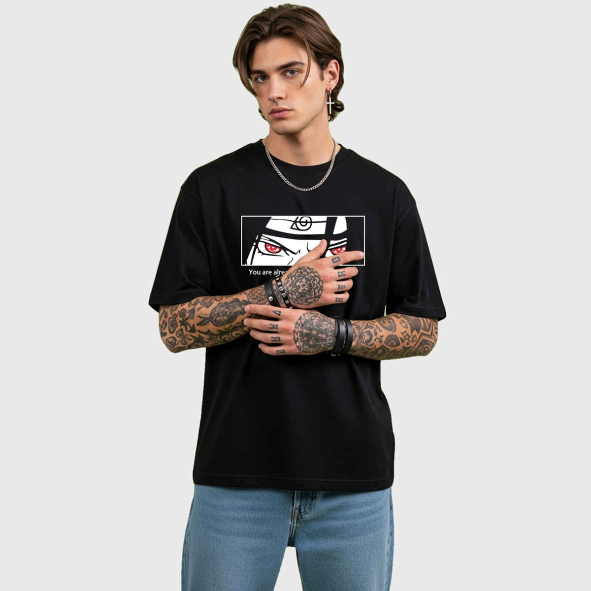 BENNY BROOKS Men's Round Neck half sleeve Oversized T-shirt |AA(ARN)BLACK129 | Black - L