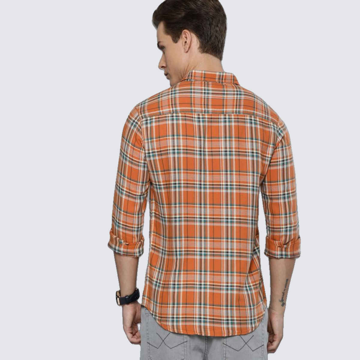 The Indian Garage Co Men's Slim Fit Checked Casual | Orange | S