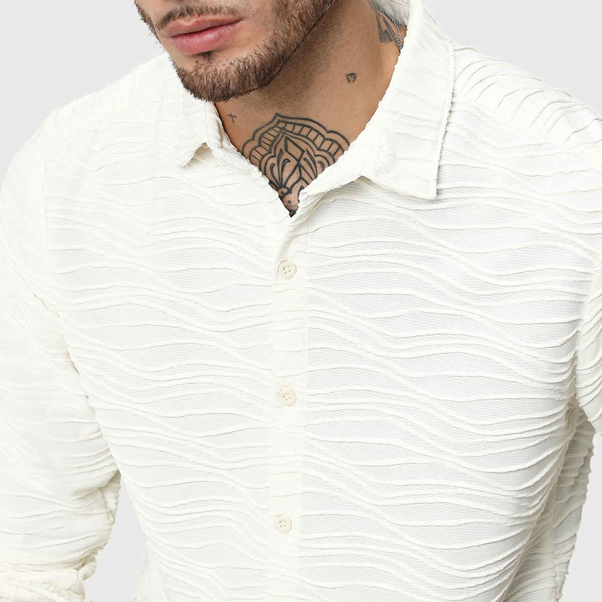 Campus Sutra Men's Self-Design Wave Shirt | White - S