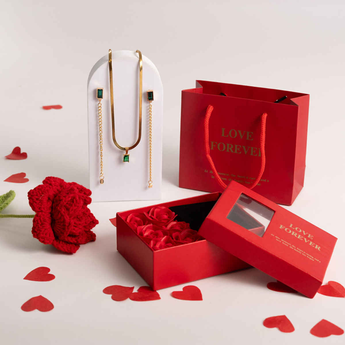 Just Lil Things Women's Day Luxe Red Rose with Green Elegant Earring & Necklace Set