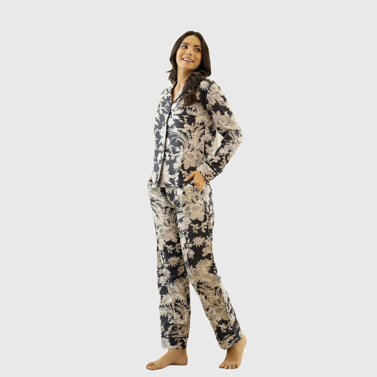 Sanskrutihomes Women's Printed Cotton Night Suit | Black - 3XL