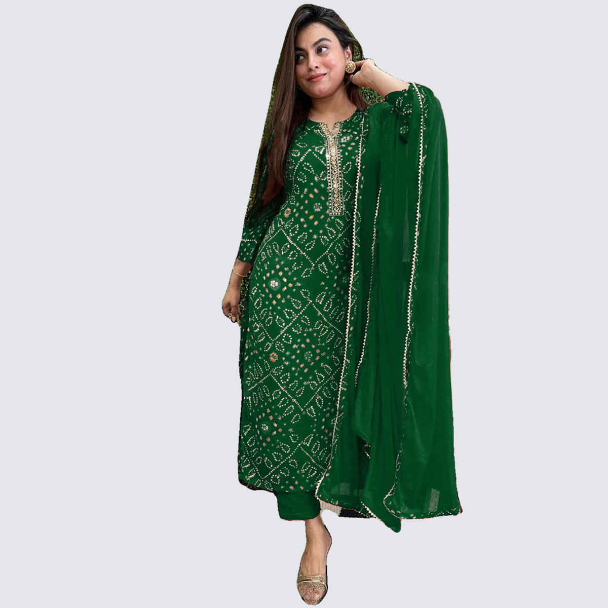 GoSriKi Women's Rayon Blend Straight Printed Kurta with Pant & Dupatta | TURAE | Green - XL