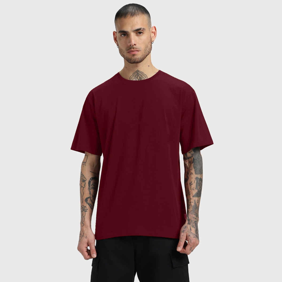 Veirdo Pure Cotton Oversized Fit Round Neck Maroon T-Shirt For Men - XL