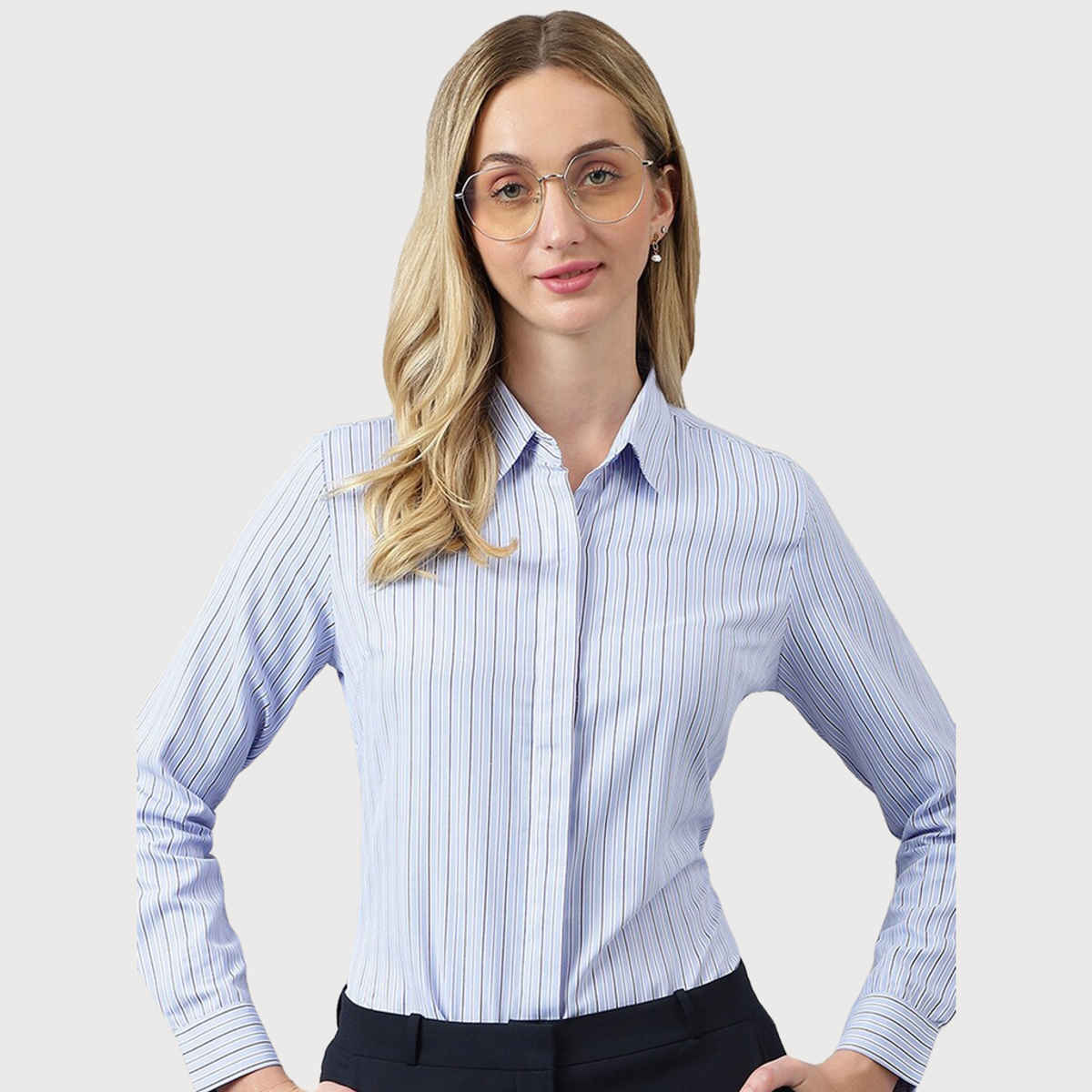 English Navy Women's Striped Regular Fit Cotton Blend Formal Shirt | Blue & White - M