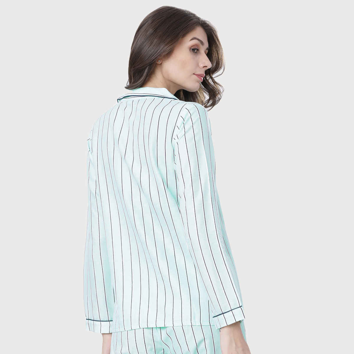 Tokyo Talkies Women's Striped Casual Shirt | Mint and Navy Blue - XL