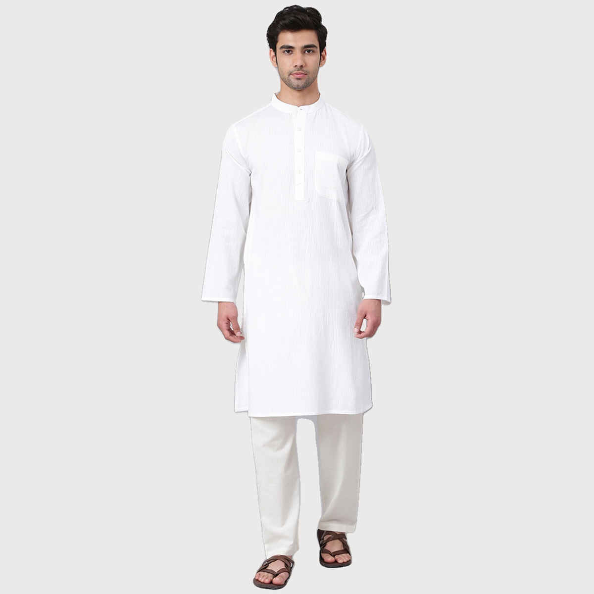 Fabindia Men's Long Kurta Dobby | White - L