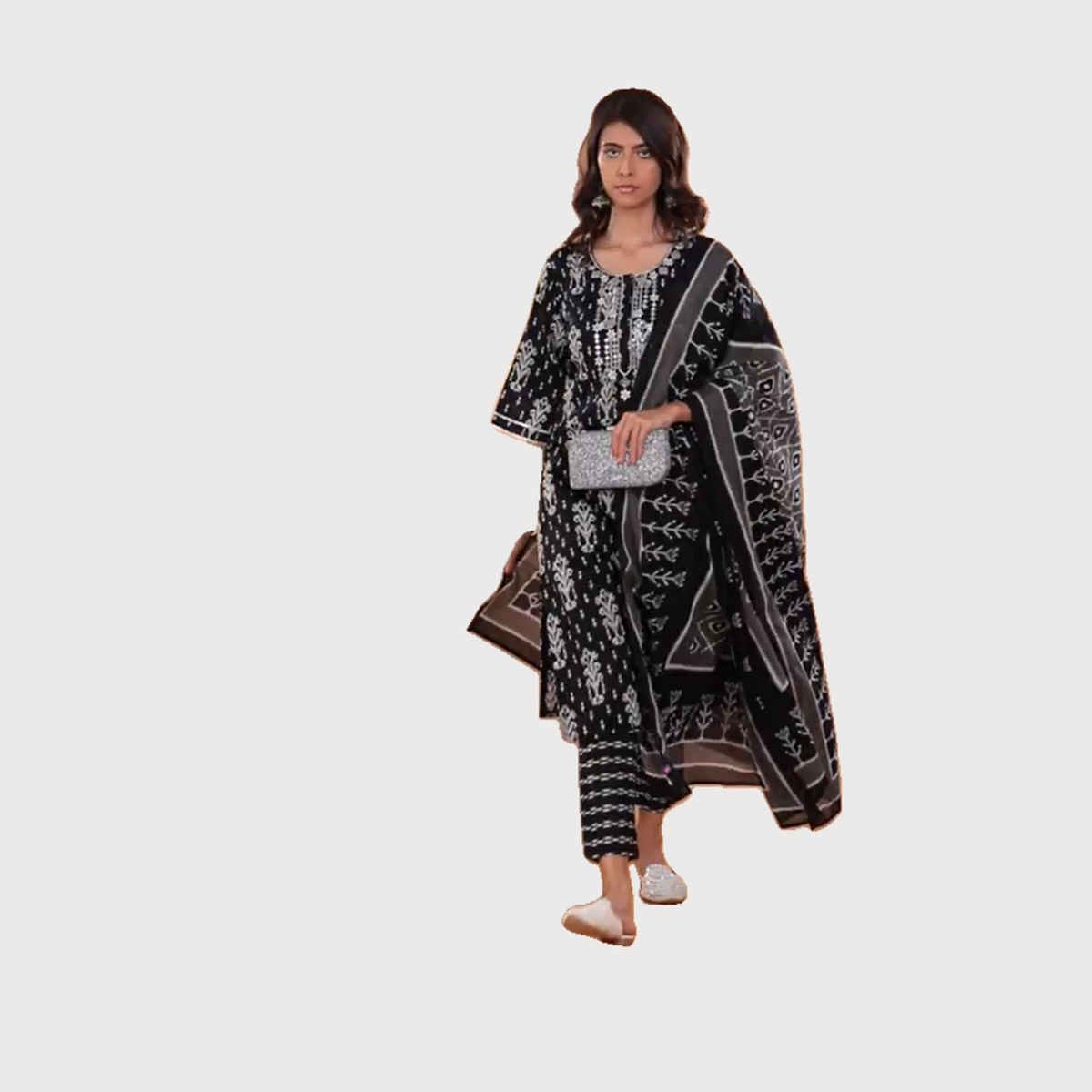 Libas Women Black Mirror Work Detail Straight Kurta With Black Trousers & Dupatta - 34164S