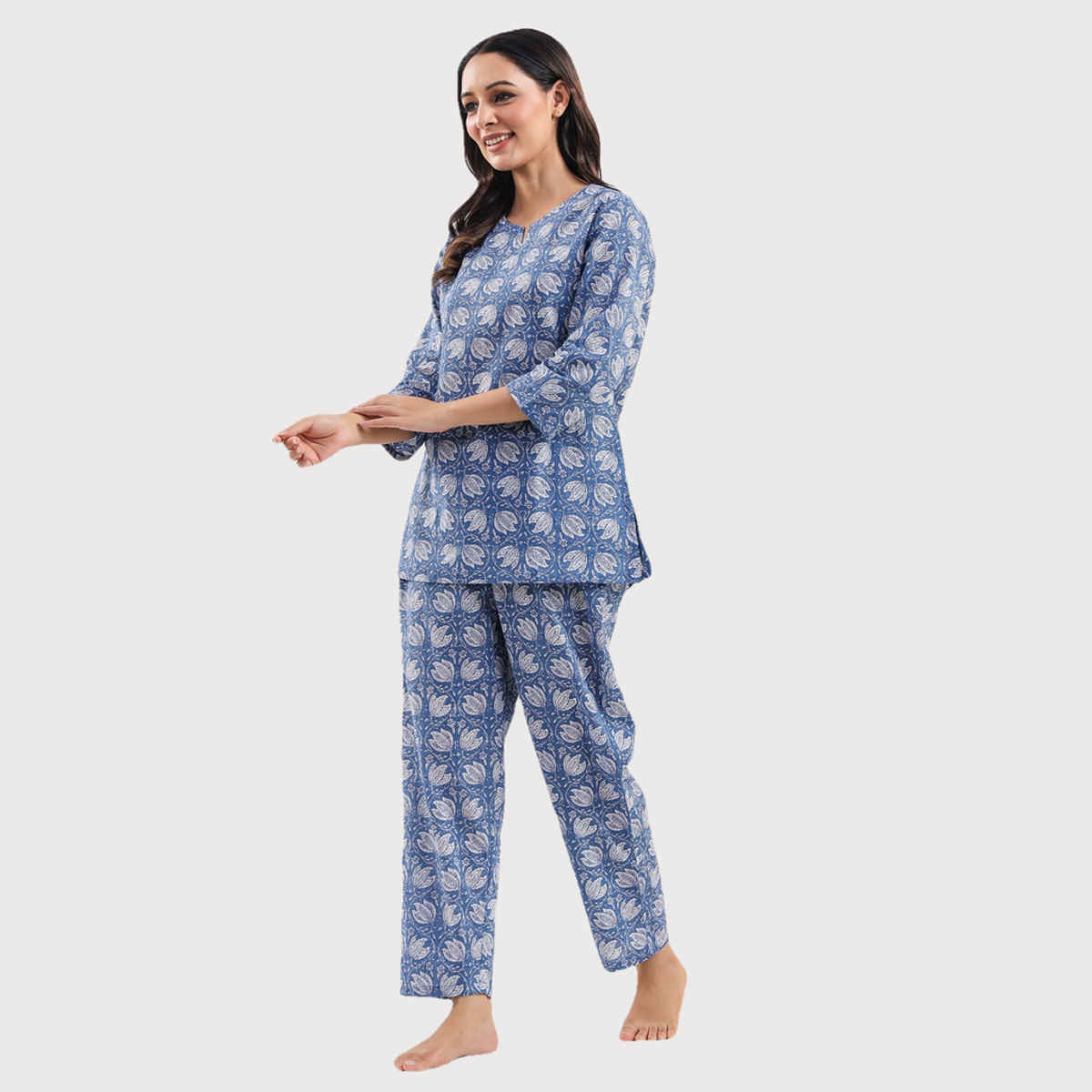 Sanskrutihomes Printed Pure Cotton Night Suit | Blue - S