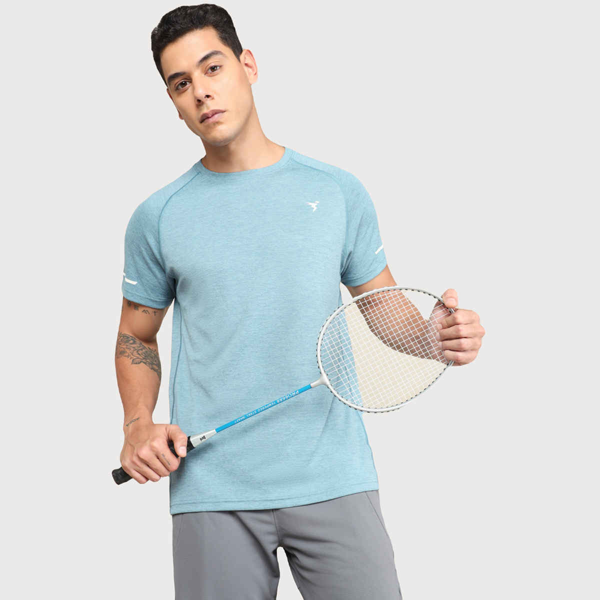 Technosport Men's Poly Melange Slim Fit Round Neck Sports T-shirt | Capri Blue - 2XL