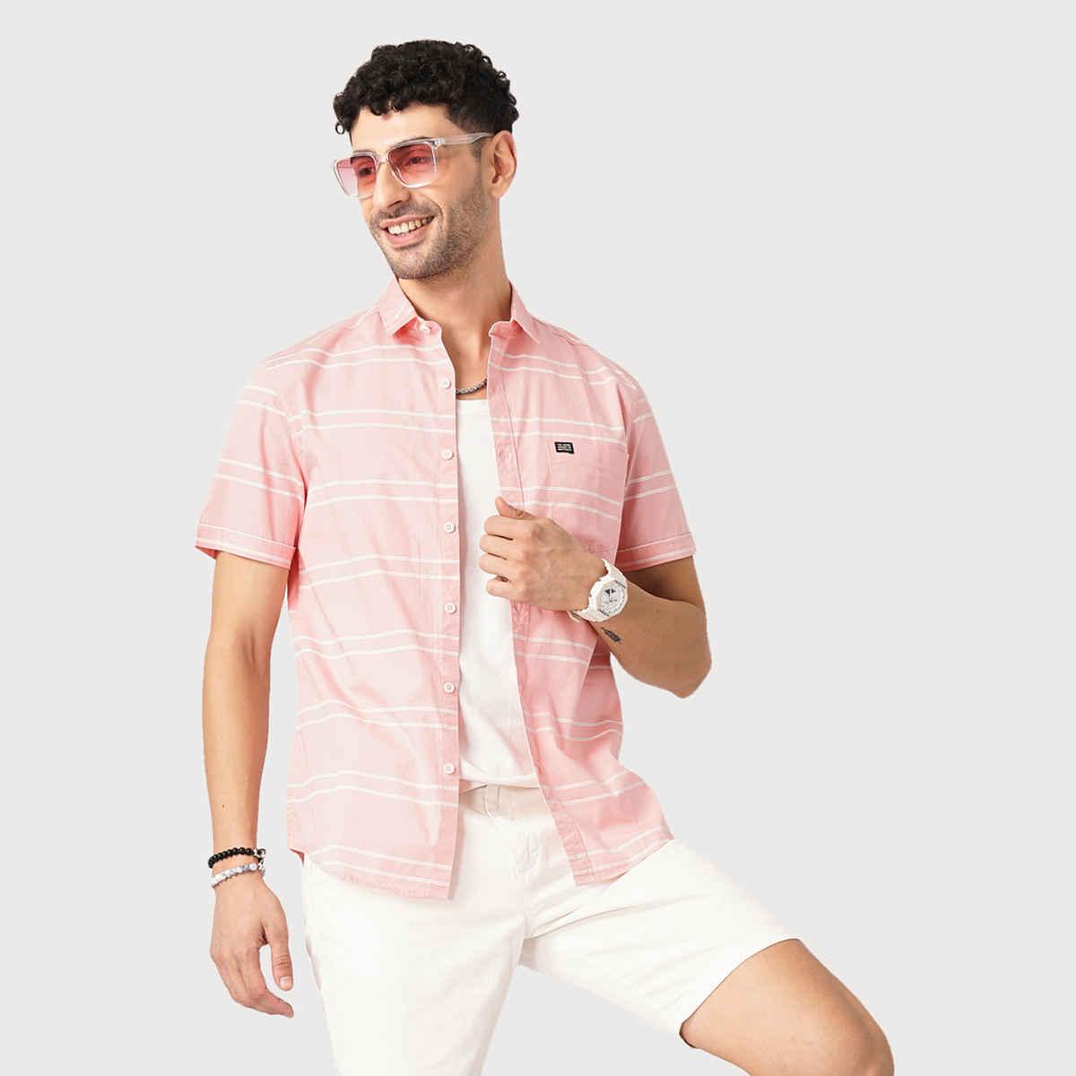The Indian Garage Co Men's Slim Fit Striped Casual Shirt | Pink - S