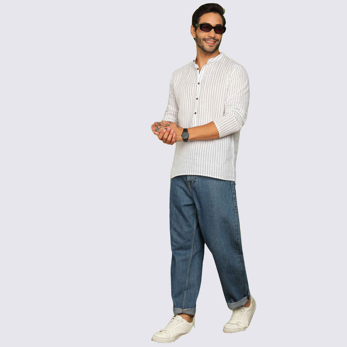 Allan Peter Men's Printed Short Kurta | White - 2XL