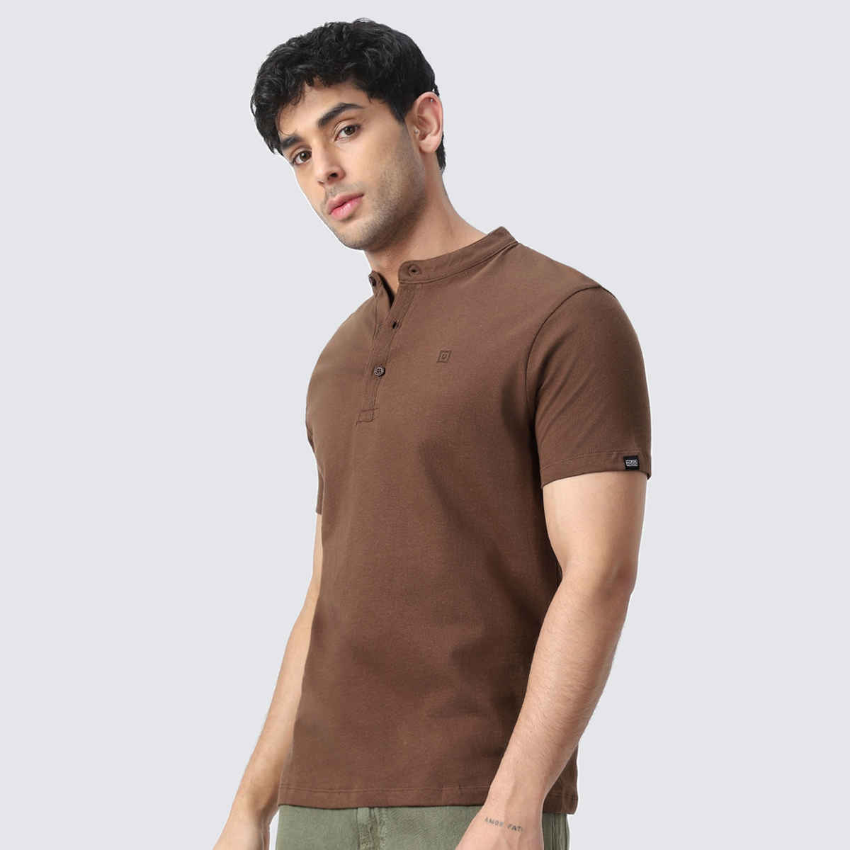 Urbano Fashion Men's Slim Fit Solid Mandarin Collar Half Sleeve Cotton T-Shirt | Cocoa Brown - L