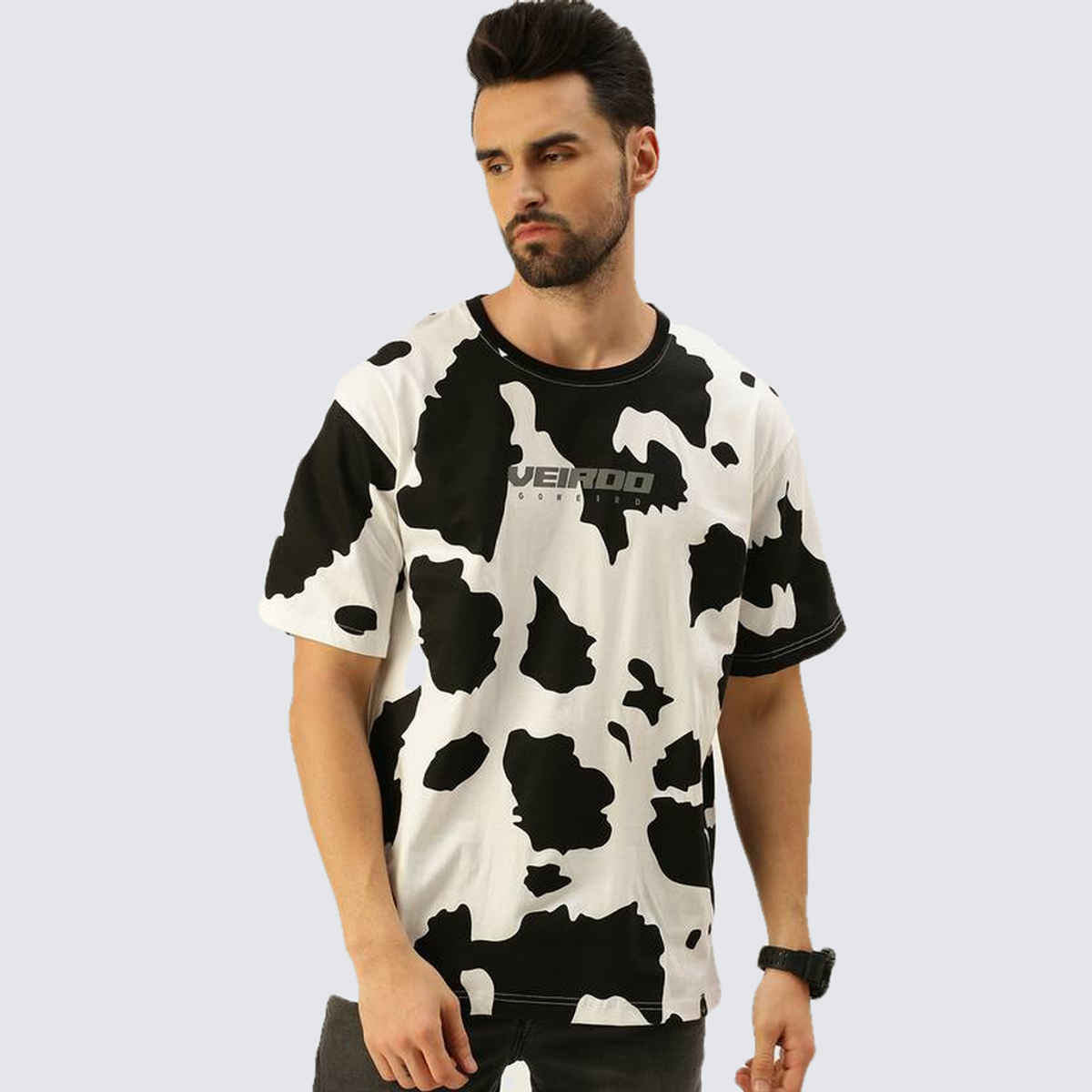VEIRDO Men's Printed Oversized T-Shirt | UNI 100 OS COW | White - XL