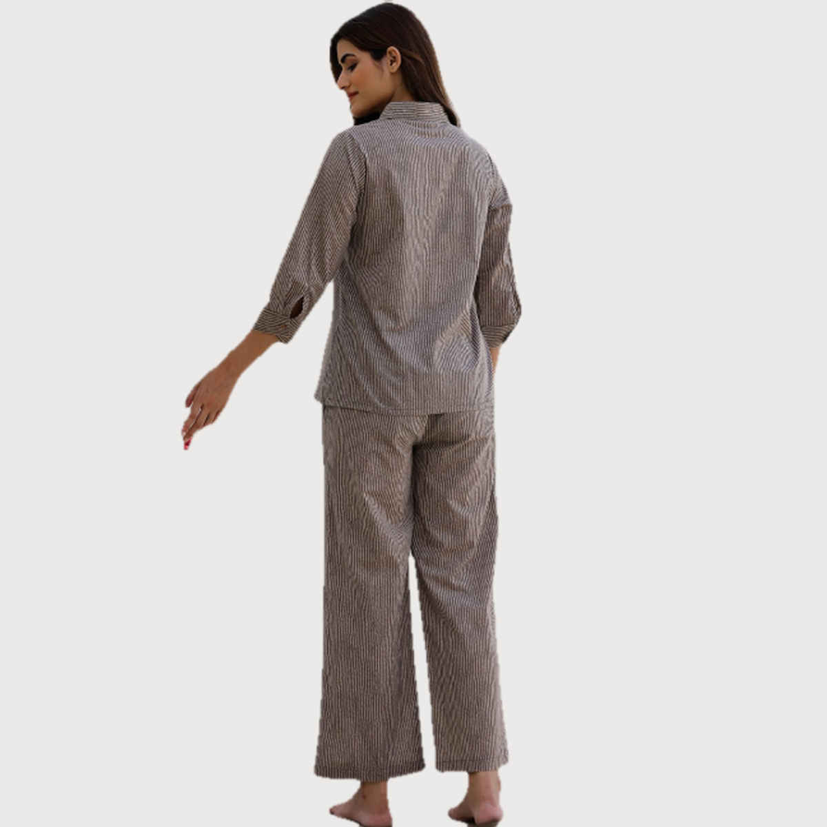 Sanskrutihomes Women Striped Shirt Collar Pure Cotton Beige Night Suit SE-NSP-615 | M