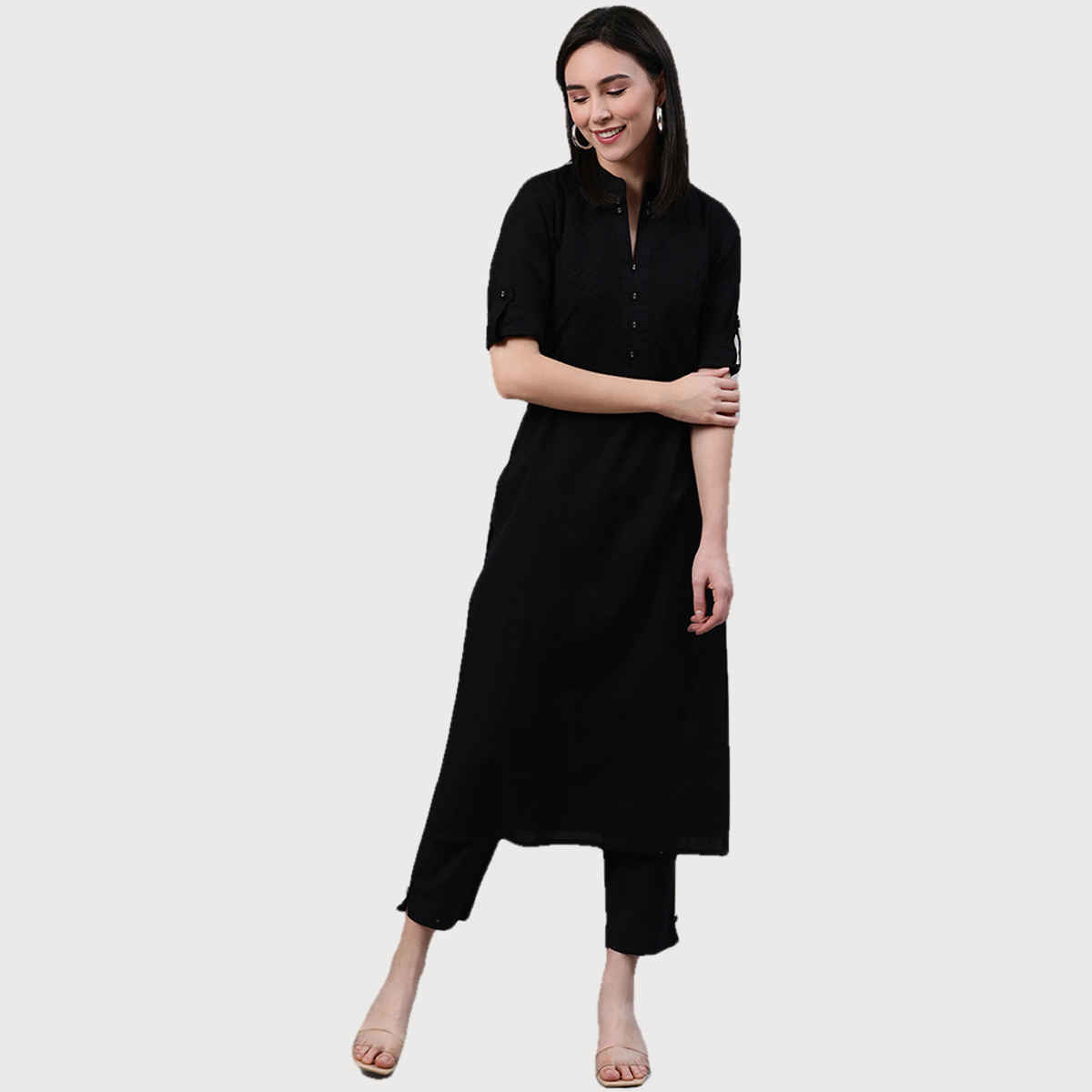 Libas Women Black Cotton Solid Straight Kurta - 12026Os