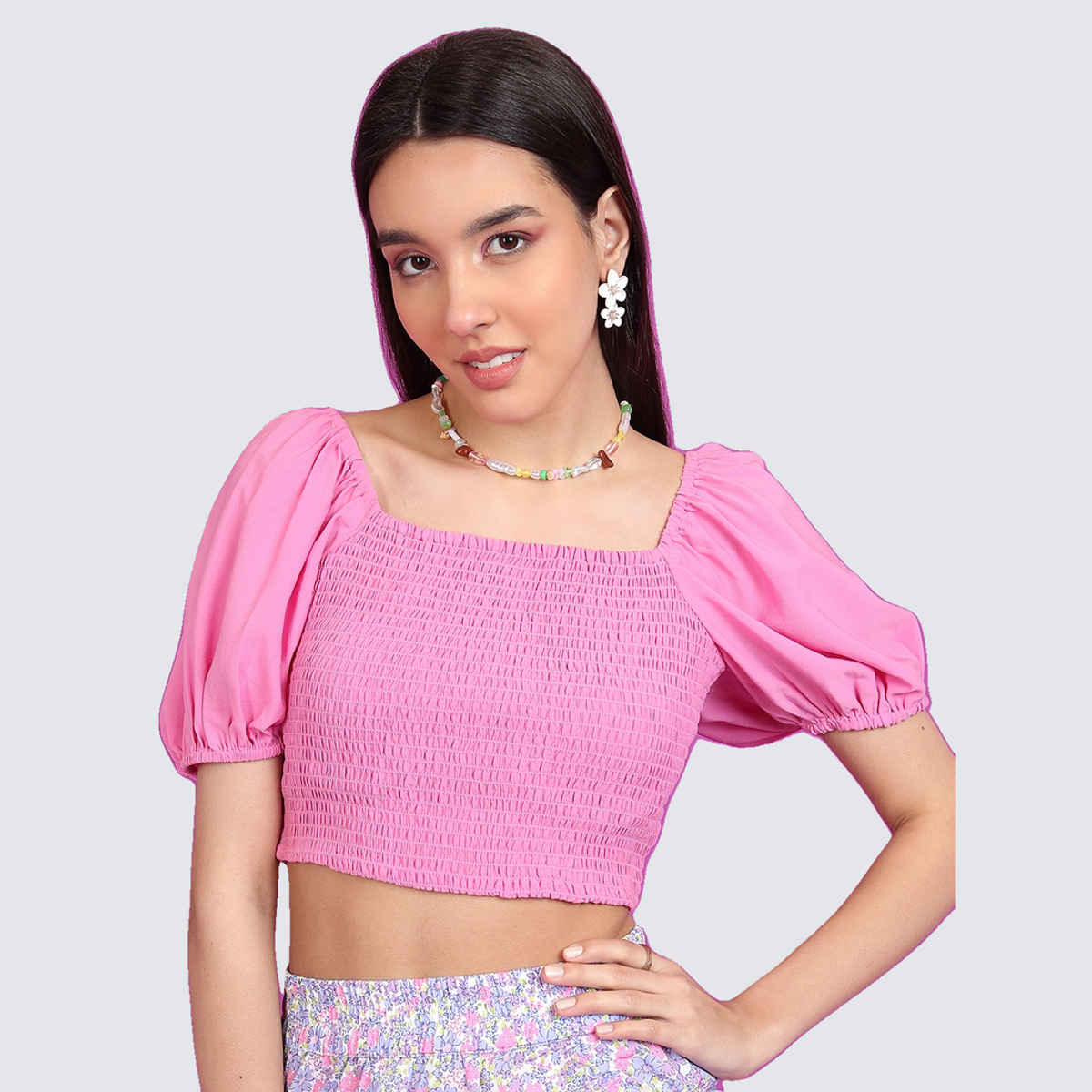 Ketch Women's Square Neck Puff Sleeve Smocked Crop Top | Pink - S