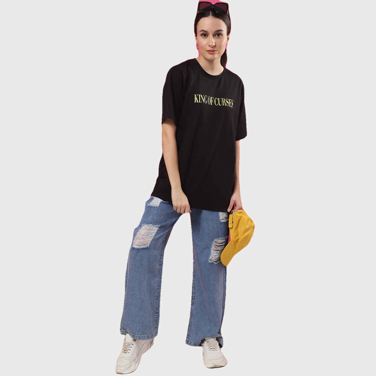 Rigo Women Terry Oversized Printed T-shirt | Black - L