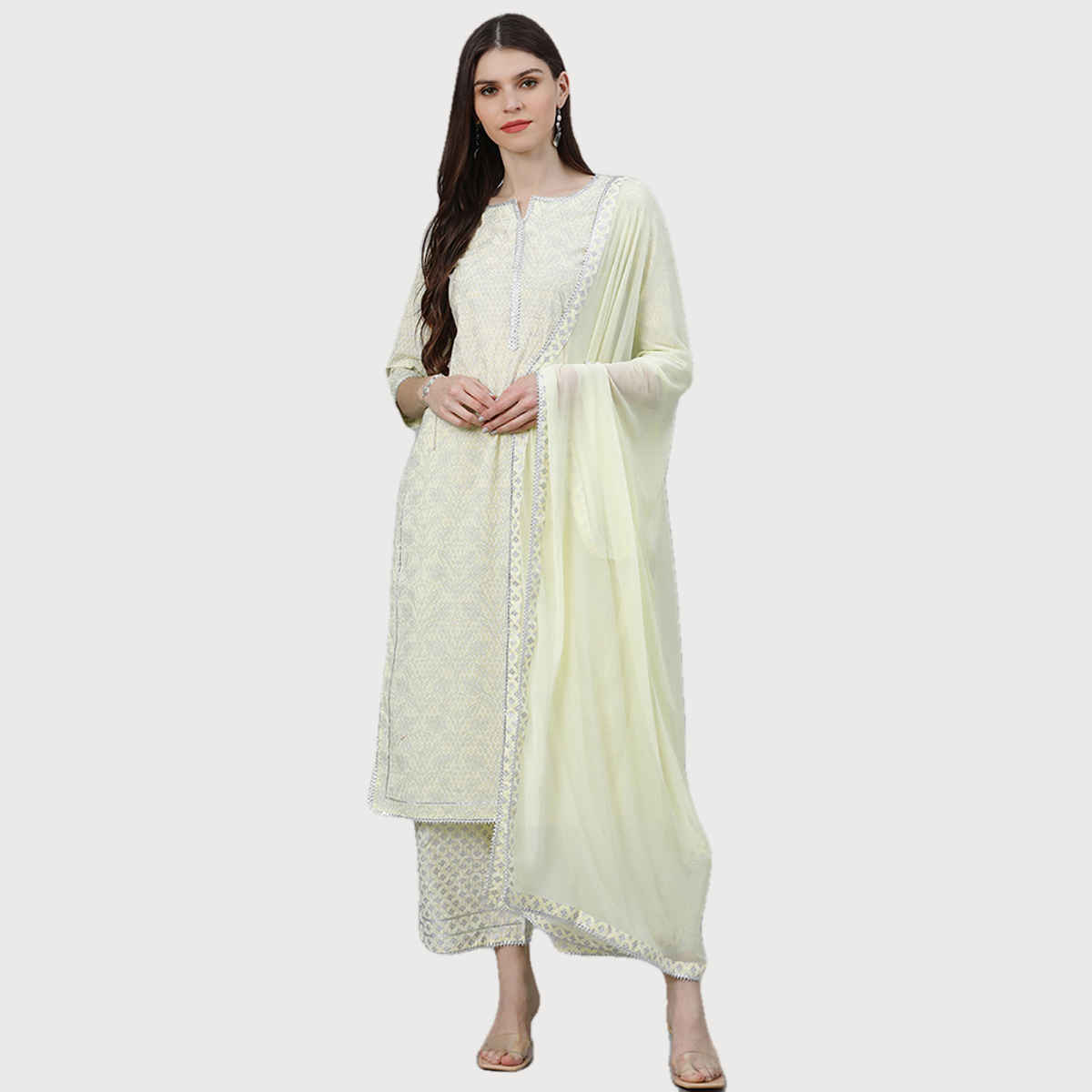 Libas Women Yellow Straight Kurta And Yellow Palazzo With Yellow Chiffon Dupatta - 13040OXL