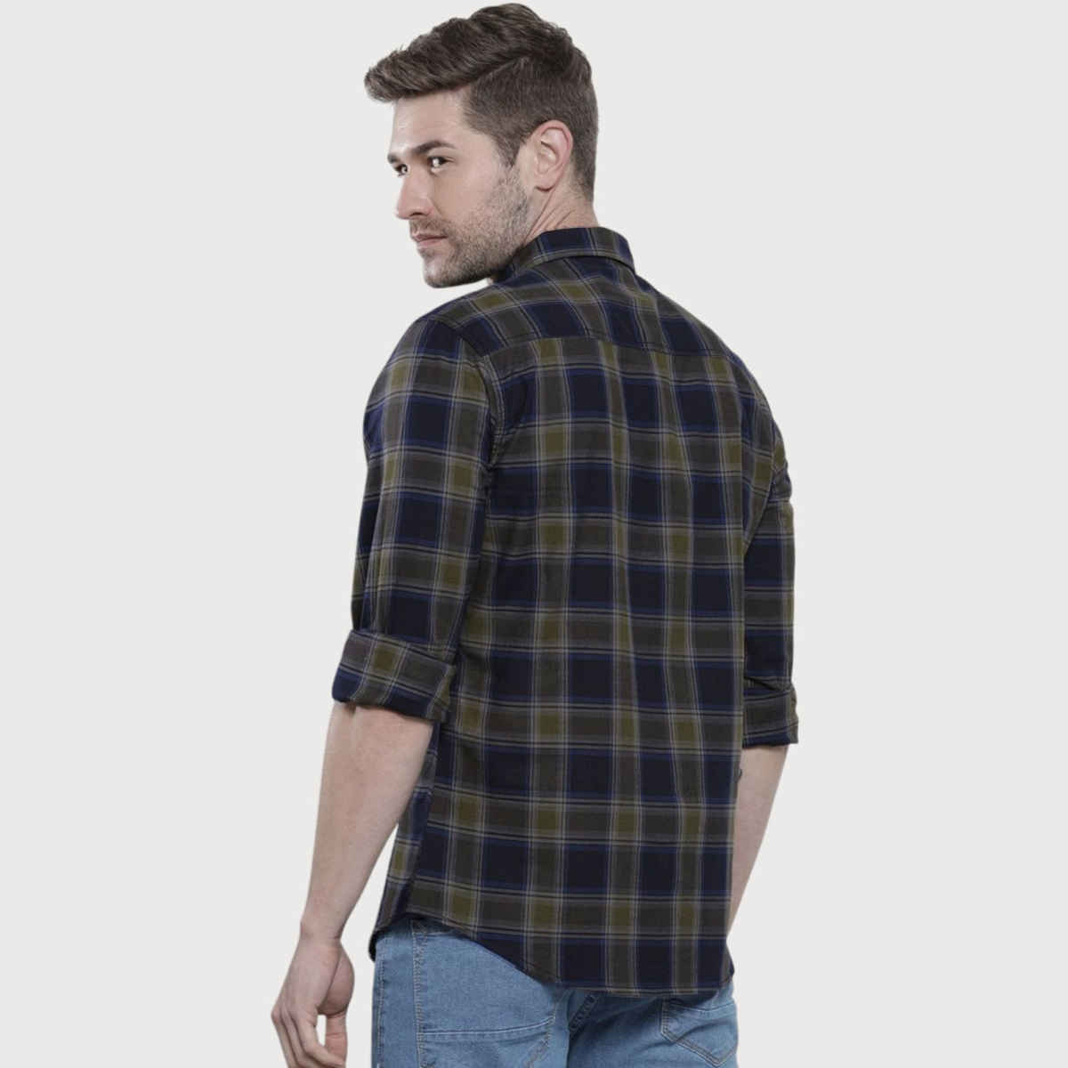 The Indian Garage Co Men's Slim Fit Checkered Casual Shirt | Navy Blue & Green - M