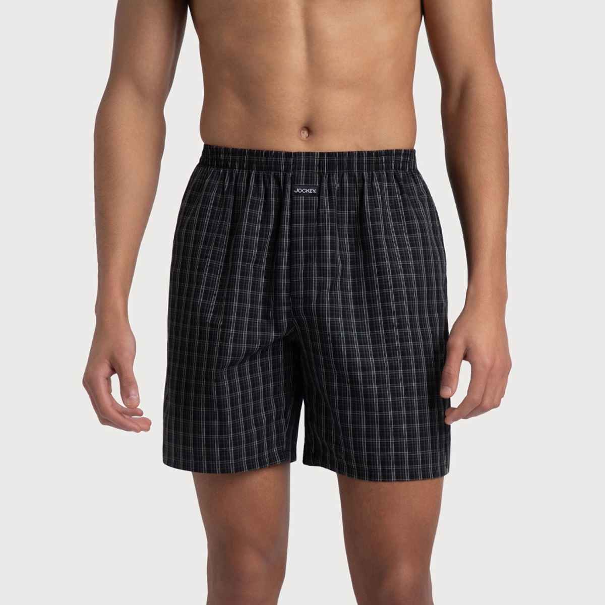 Jockey 1223 Men's Super Combed Mercerized Cotton Woven Checks Underwear Boxer | SidePocket | Black/Slate - XL