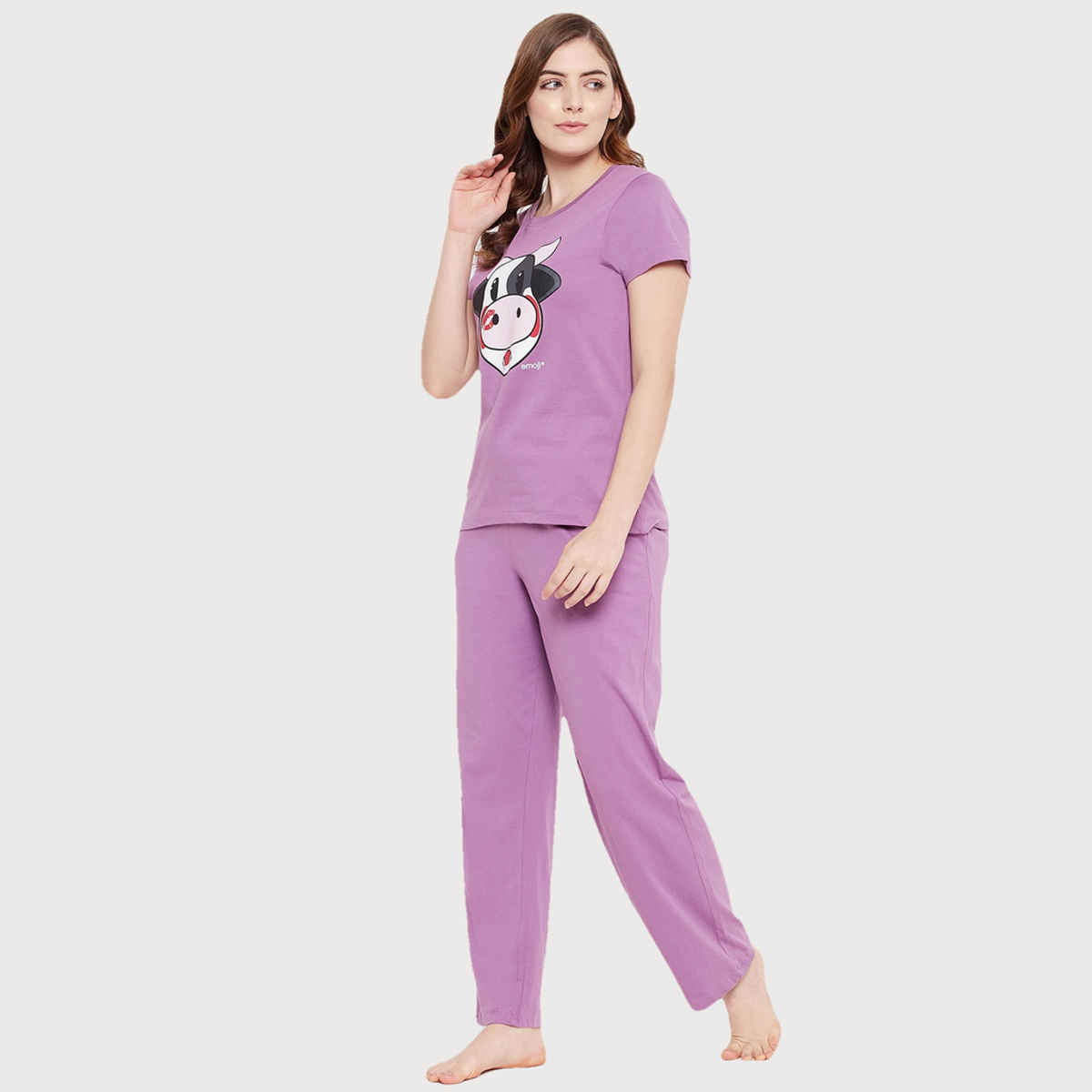 Clovia Cow Emoji Print Top & Solid Pyjama Set - 100% Cotton(Purple - M)