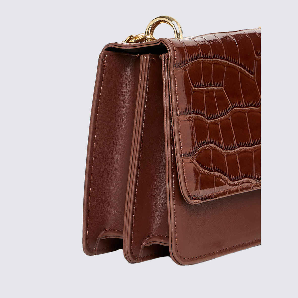 Styli Women's Croc Textured Flap Shoulder Satchel Bag | Brown