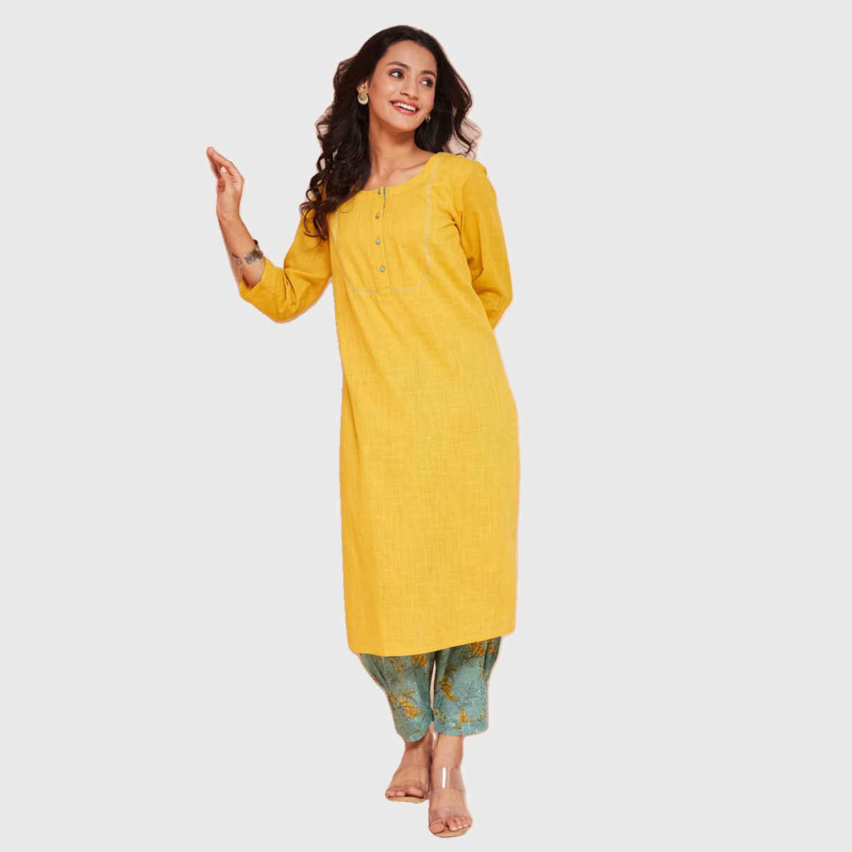 Fabindia Women's Kurta & Salwar Set Cotton Regular Fit | Yellow - S