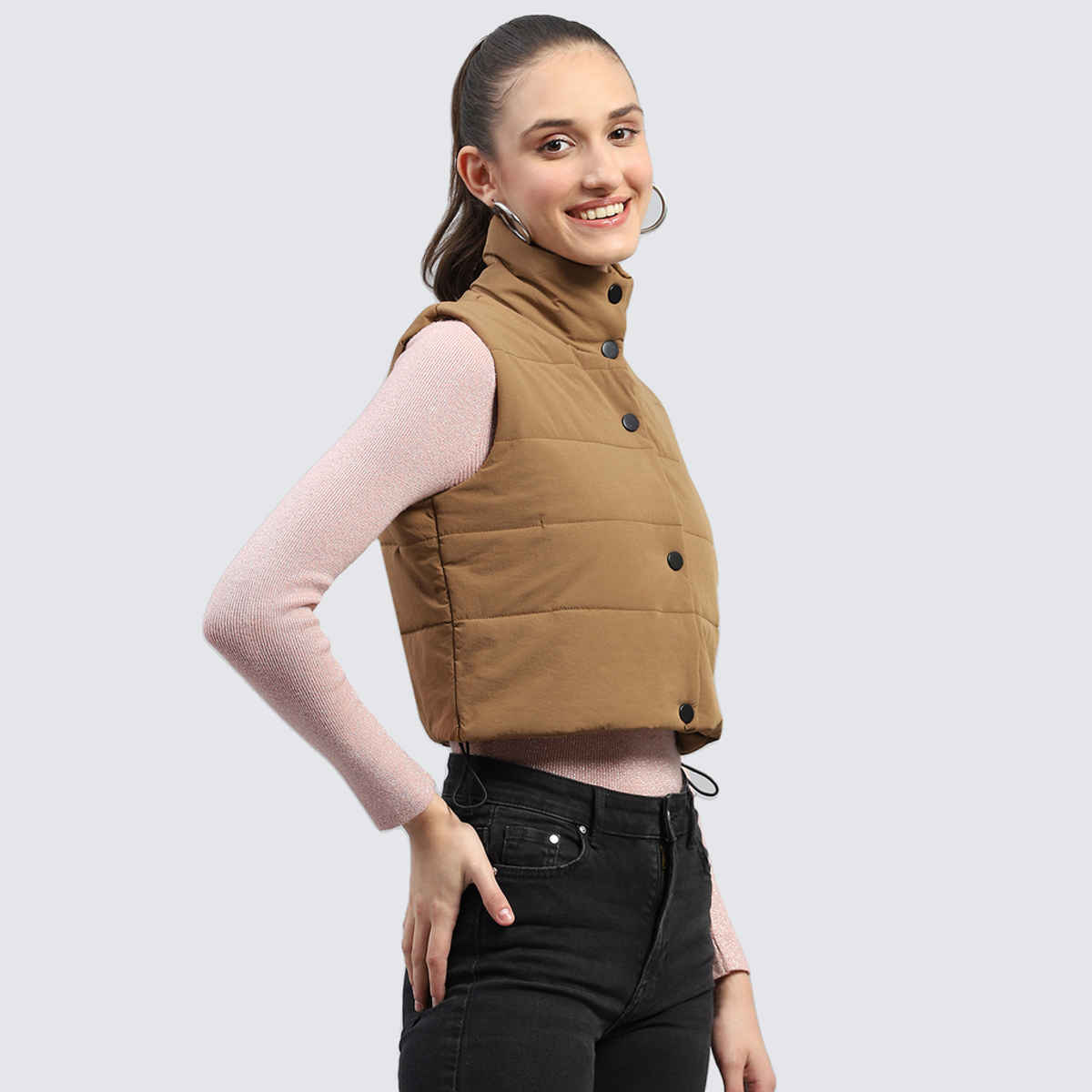 Rock.It By Monte Carlo Womens Brown Solid Mock Neck Sleeveless Jacket | 2240102633-2-36 | M
