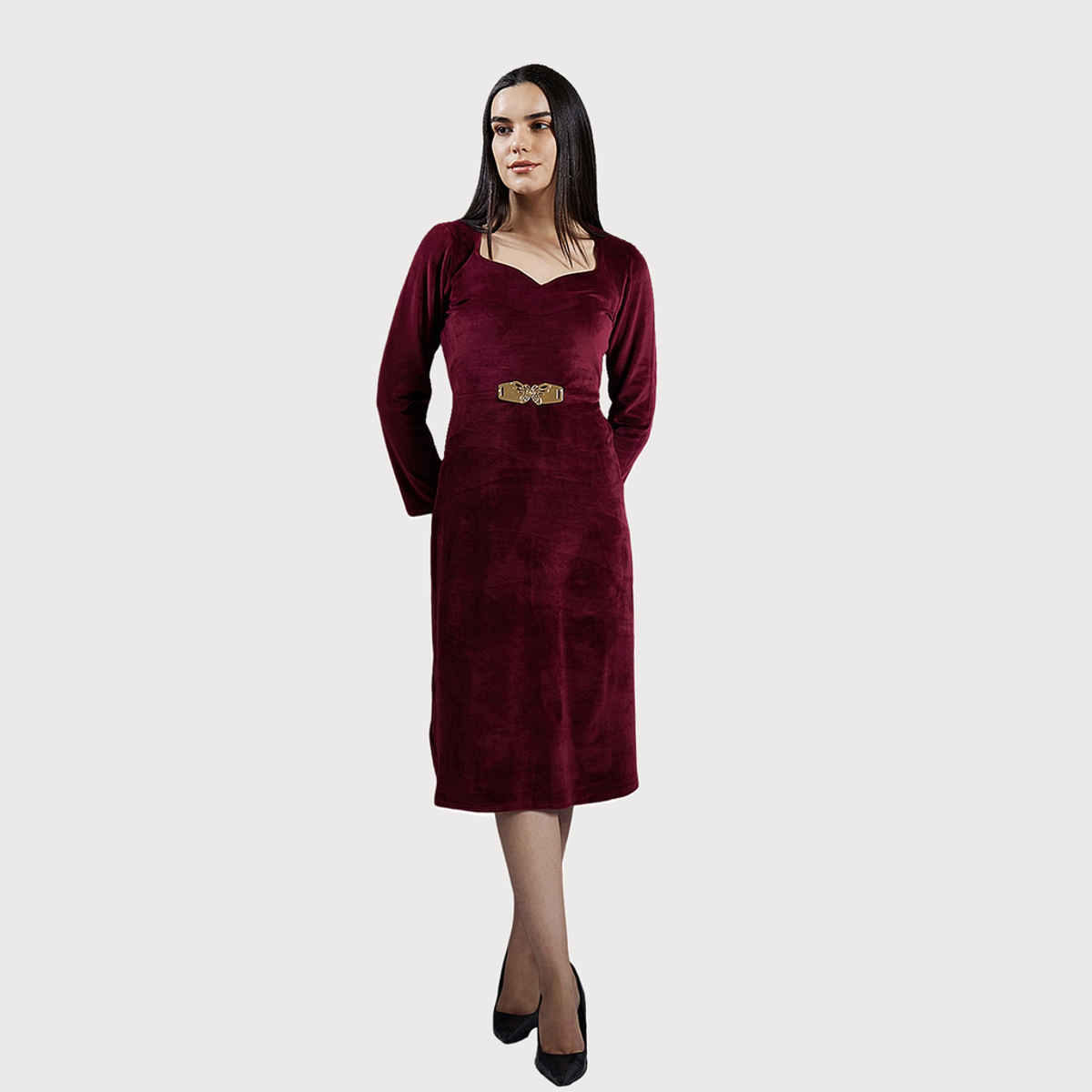 Athena Women's Sweetheart Neck Embellished Detailed A-Line Midi Dress | Maroon - L