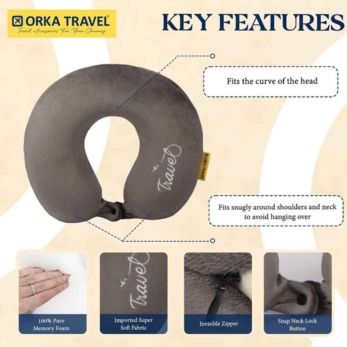 ORKA Unisex Solid Embroidery Supersoft Neck Pillow | Grey - M