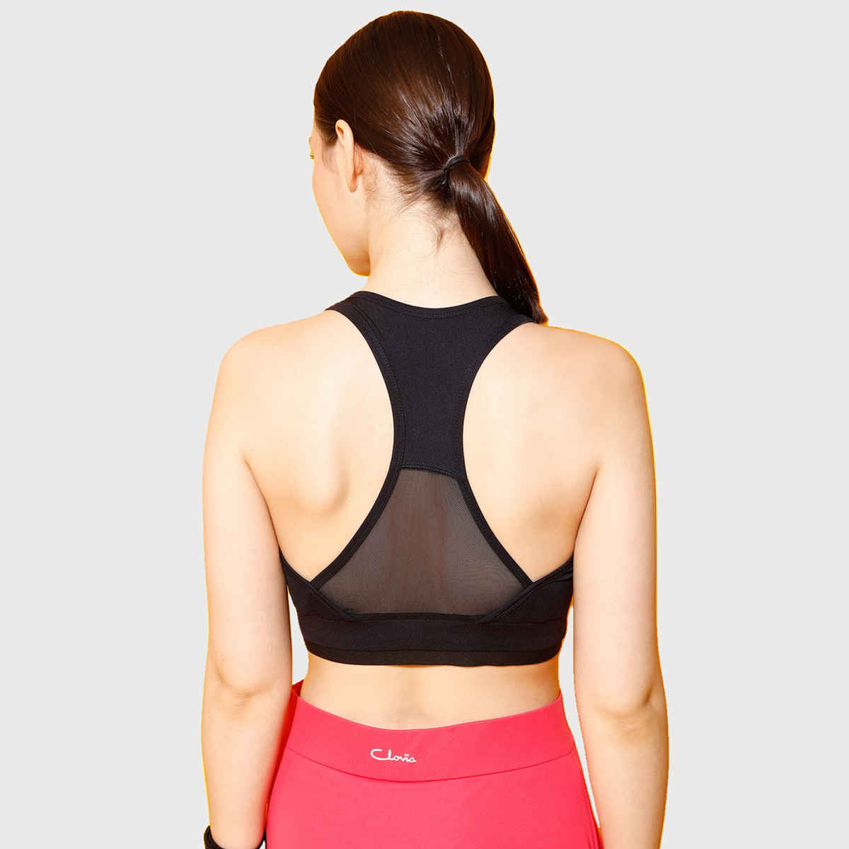 Clovia Medium Impact Padded Sports Bra With Mesh Racerback Design | Black | M