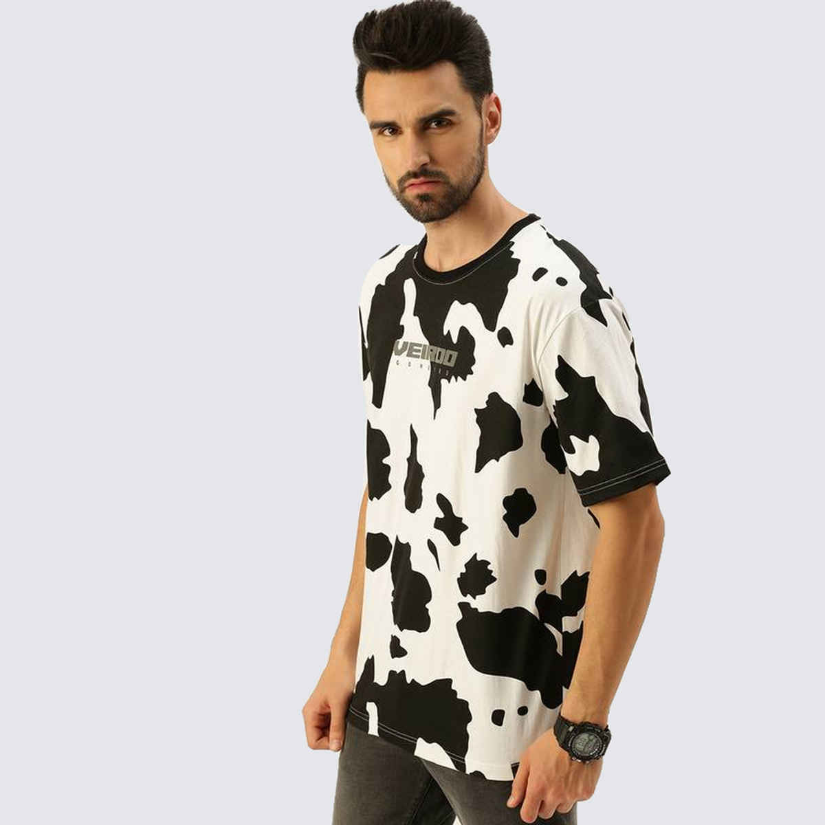 VEIRDO Men's Printed Oversized T-Shirt | UNI 100 OS COW | White - XL